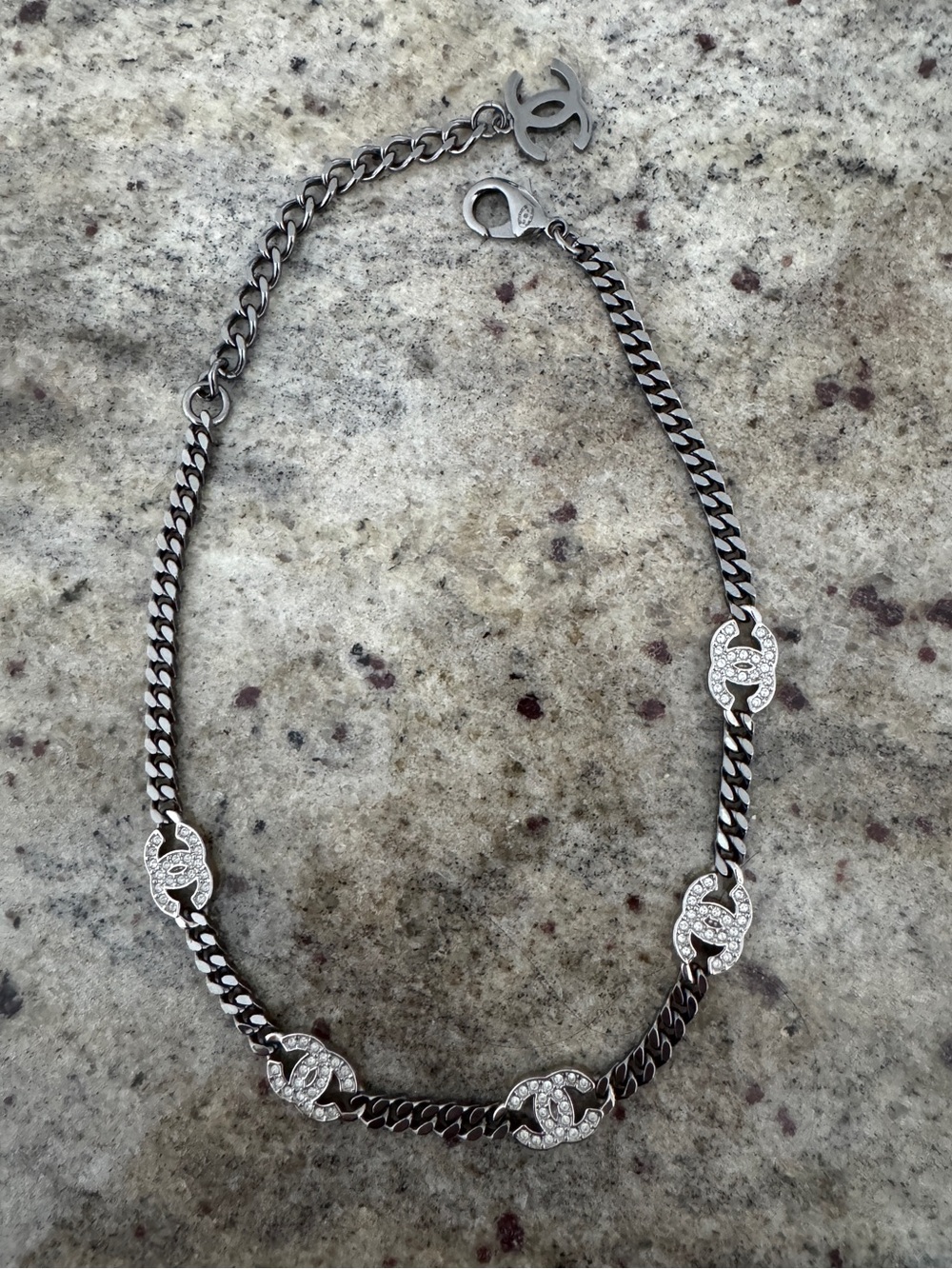 Chanel 2021 Ruthenium Chain & Strass CC Necklace Choker